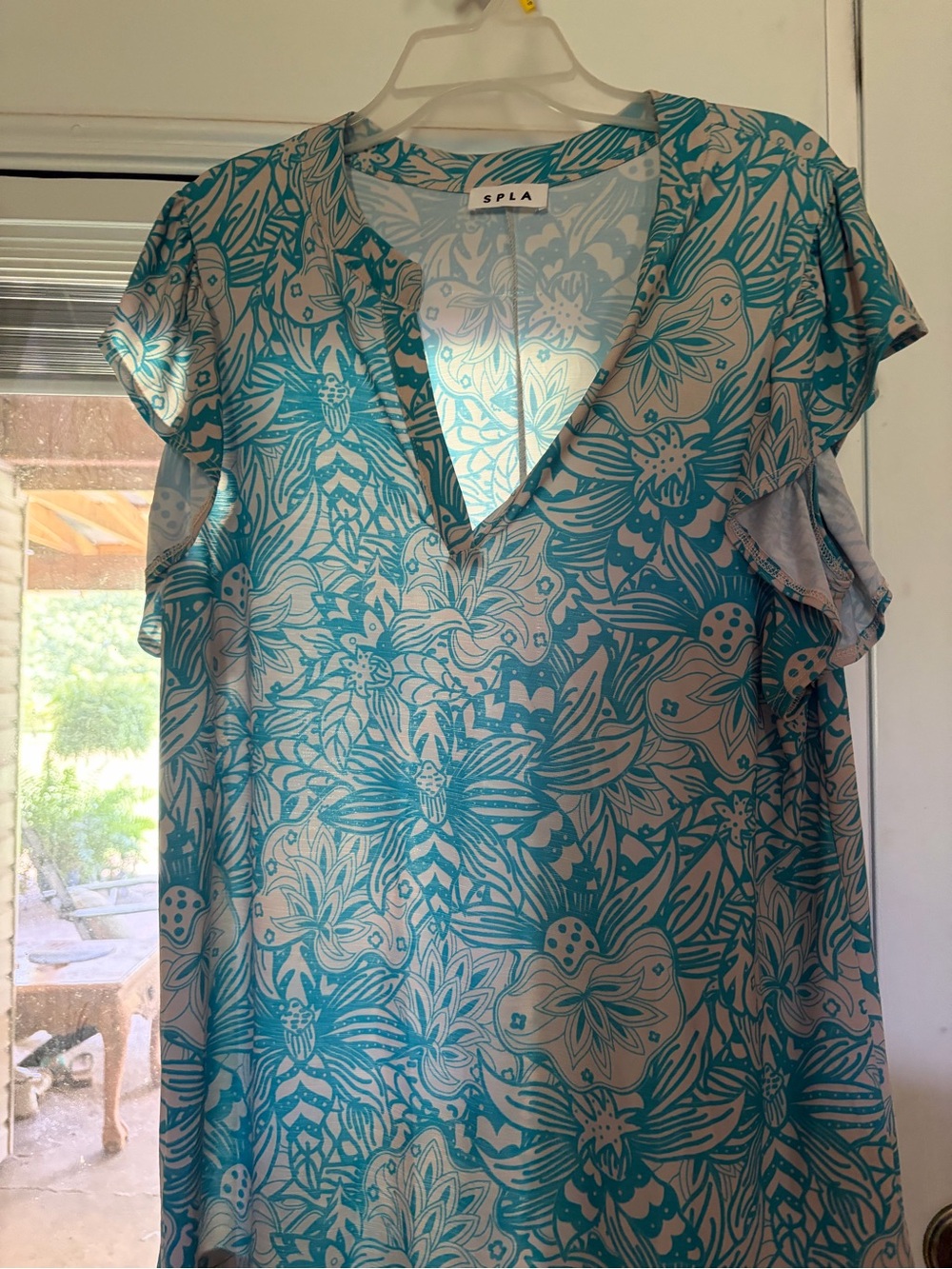 SPLA Teal Floral V-Neck Flutter Sleeve Blouse